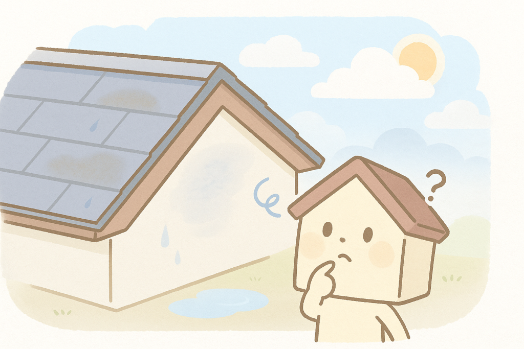 雨上がりに屋根を見上げて点検する家キャラのイラスト（雨漏り前兆チェック