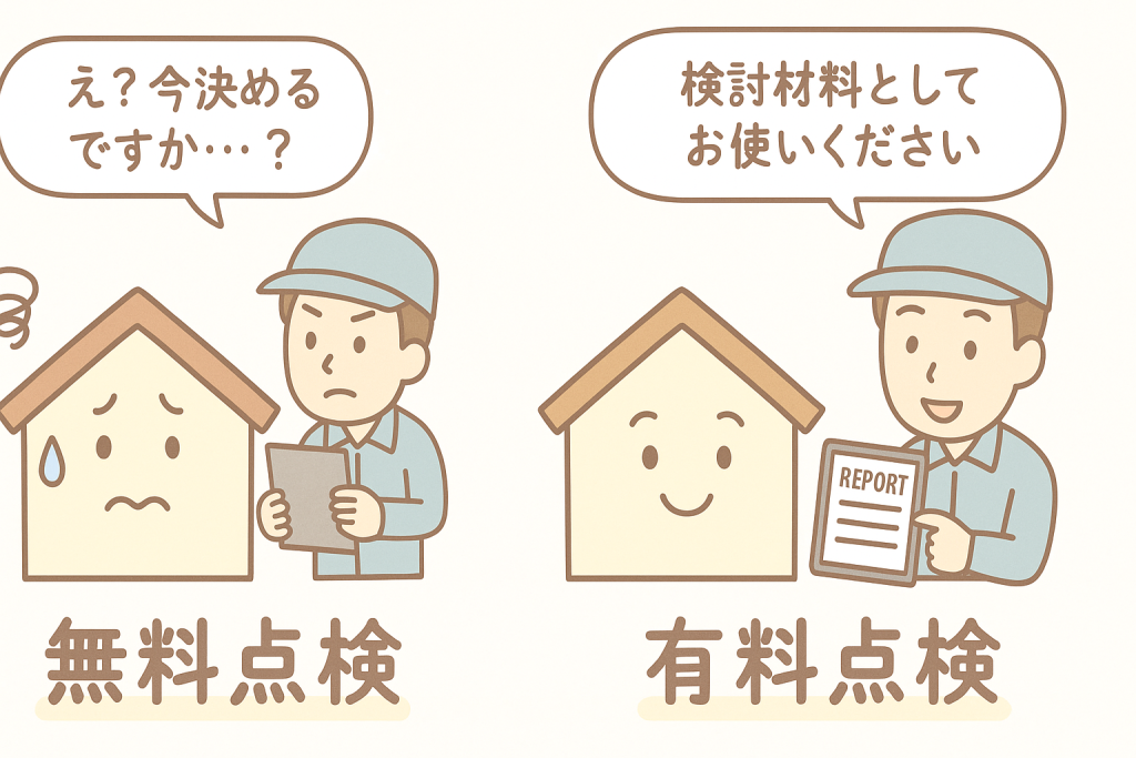 無料点検と有料点検の違いを比較する家キャラクターのイラスト