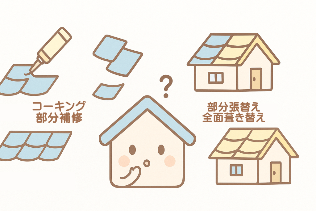 屋根修理の4種類（応急処置・部分補修・部分張り替え・全面葺き替え）をまとめた図解イラスト