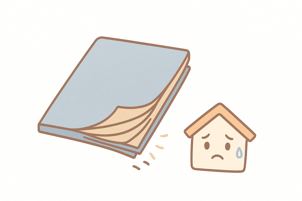 層間剥離が起きて薄い層がめくれているスレート屋根のイラスト