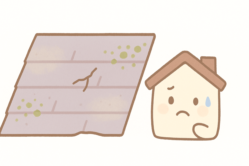 劣化したスレート屋根のイメージ（色あせ・ひび割れ・コケ・反り