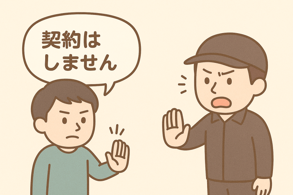 訪問販売を冷静に断る住民のイラスト