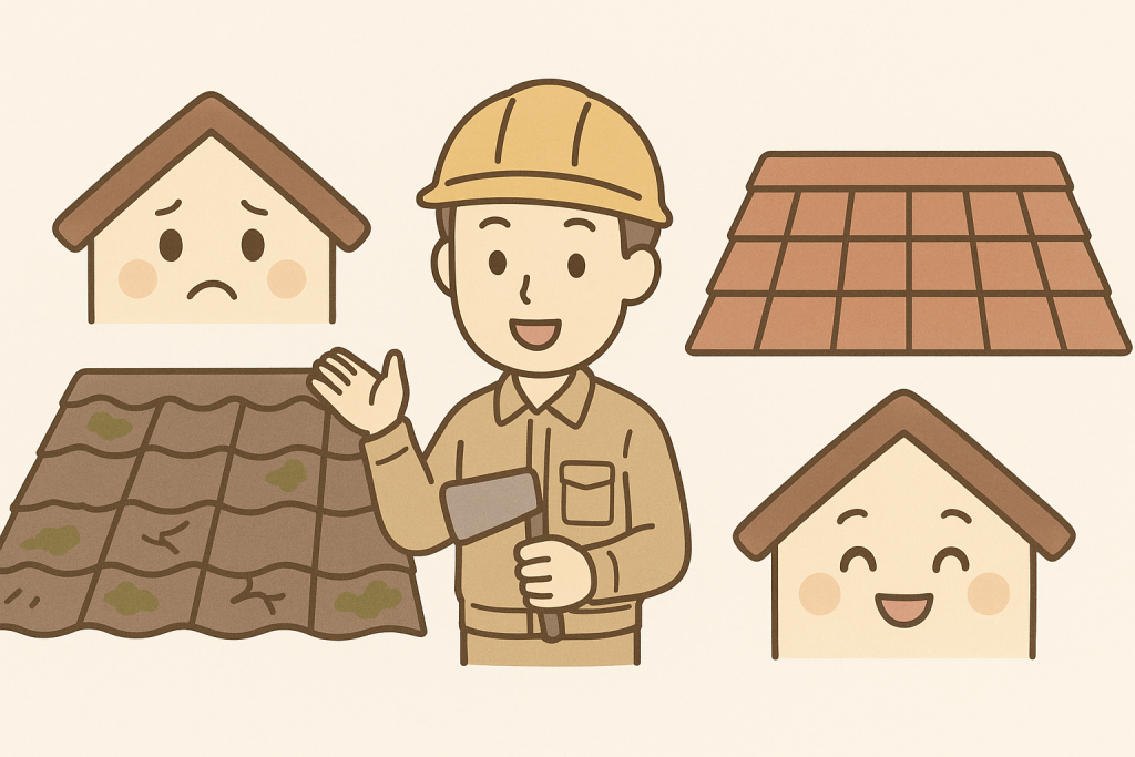 古い屋根材を新しい屋根材に全面交換する葺き替え工事のイラスト