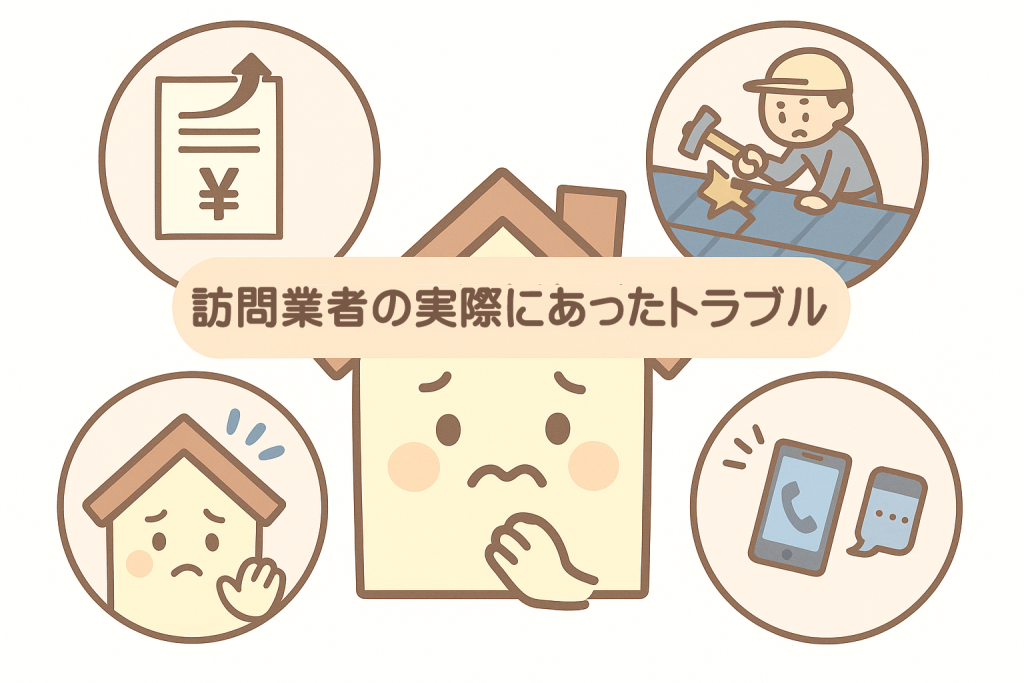 訪問販売トラブル（追加請求・屋根破壊・連絡不通）のイラスト