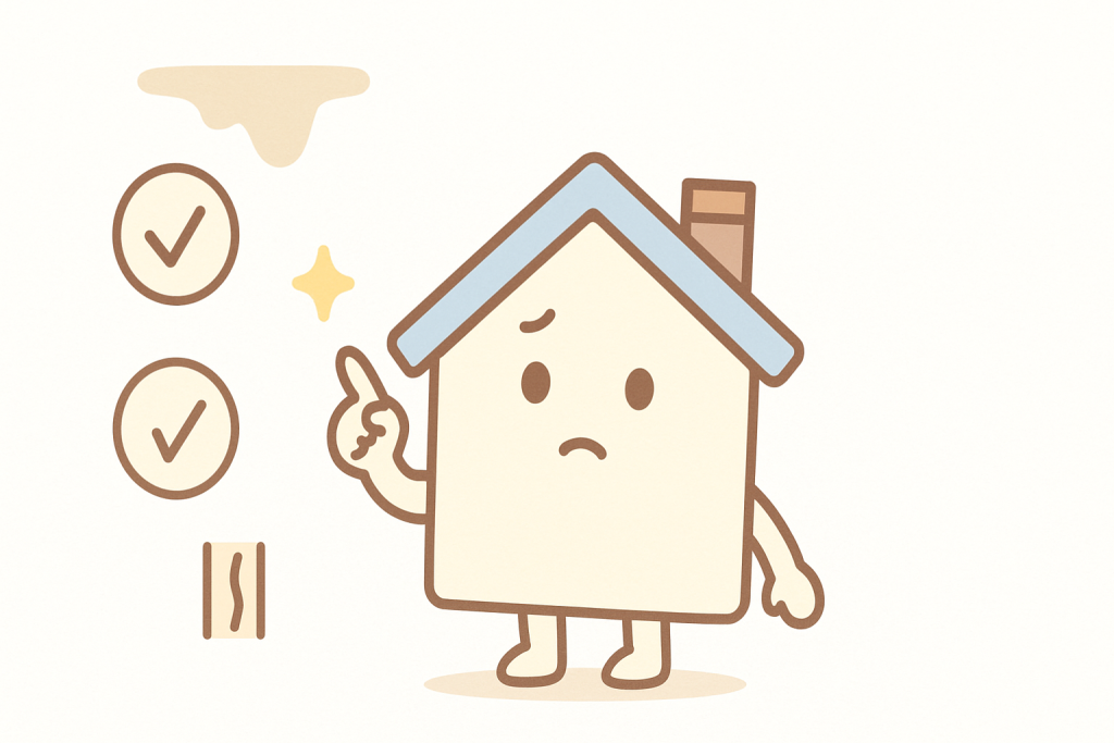 室内の天井や壁を指差してチェックする家キャラクターのイラスト