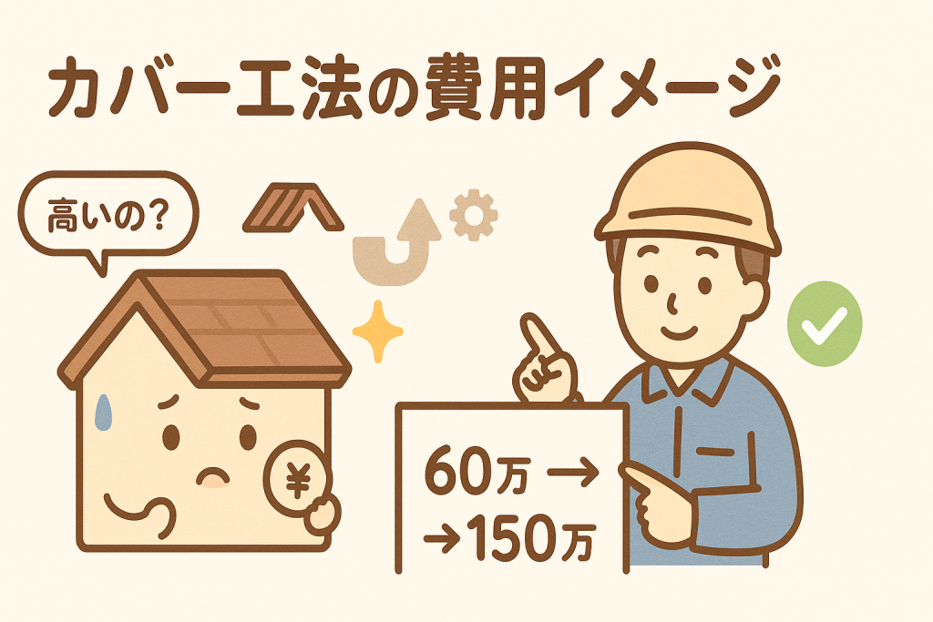 カバー工法の費用を説明する業者と不安そうな家キャラクターのイラスト