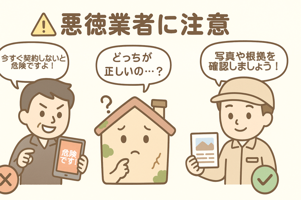悪徳な屋根工事業者に不安をあおられる家が、写真と根拠を示す信頼できる業者と比較されているイラスト。火災保険トラブルや悪徳業者への注意を促す画像。