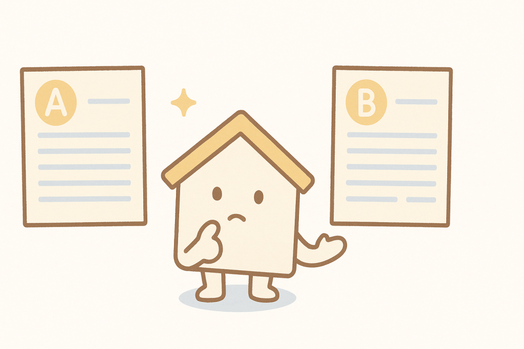 見積書AとBを比較している家キャラクター