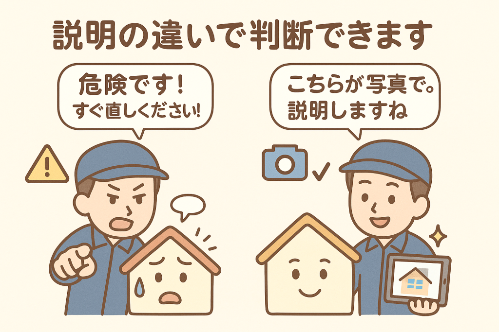 写真で説明する業者と口頭だけで説明する業者を比較したイラスト