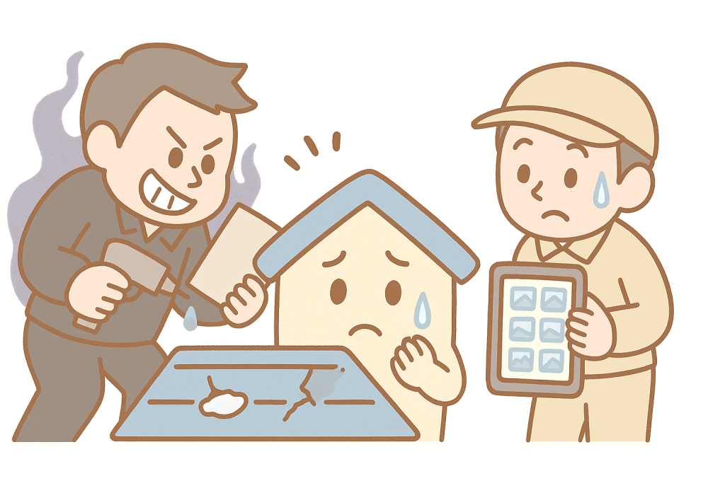 悪徳業者が家キャラクターに不安をあおっているシーンのイラスト