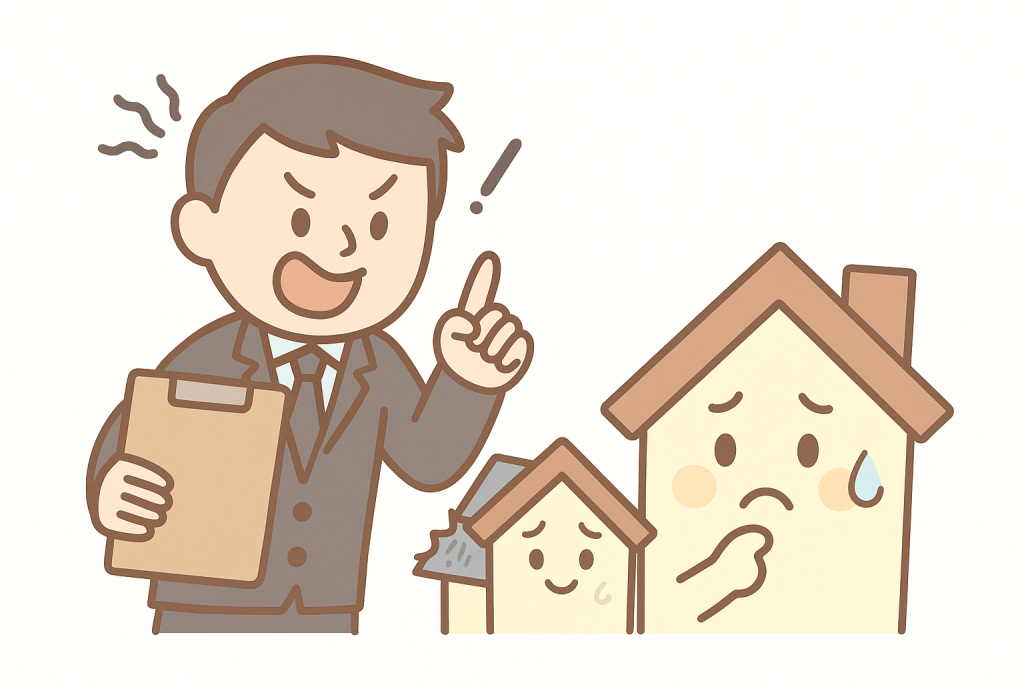 「屋根が危険」と不安を煽る営業マンと困惑する家キャラのイラスト