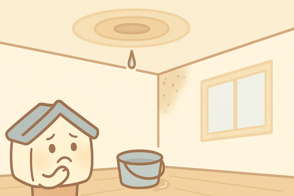 大きな天井の輪ジミと落ちそうな水滴、黒ずんだ壁紙など、室内に現れた雨漏りサインを強調したイラスト。家キャラクターが不安そうに見上げている。
