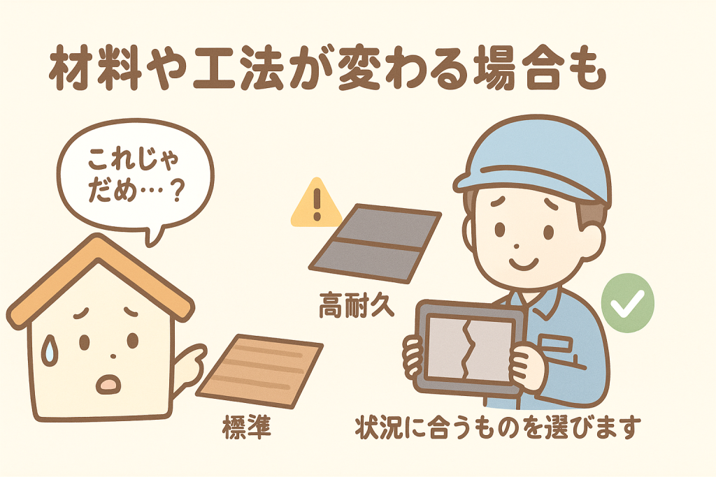 屋根修理で材料変更を説明する業者と悩む家キャラクターのイラスト