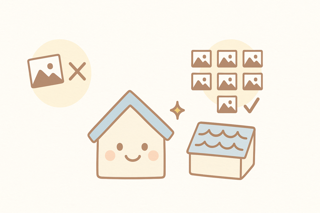点検写真が少ない業者と多い業者を比較し、家キャラが安心しているイラスト