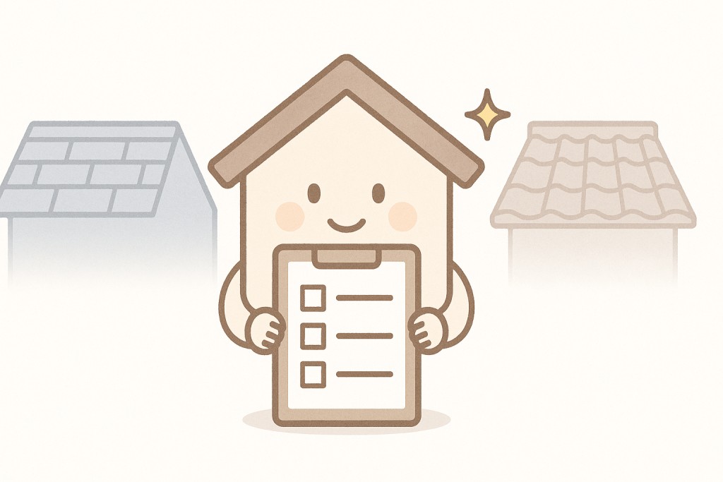 3種類の屋根と10項目のチェックリストを持つ家キャラクターのイラスト