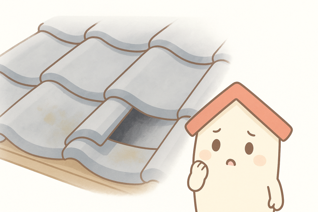 瓦屋根がズレて雨水が入り込みやすくなっている様子のイラスト
