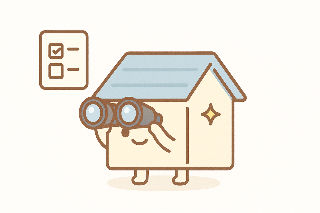 屋根の状態を双眼鏡でチェックしている家のイラスト