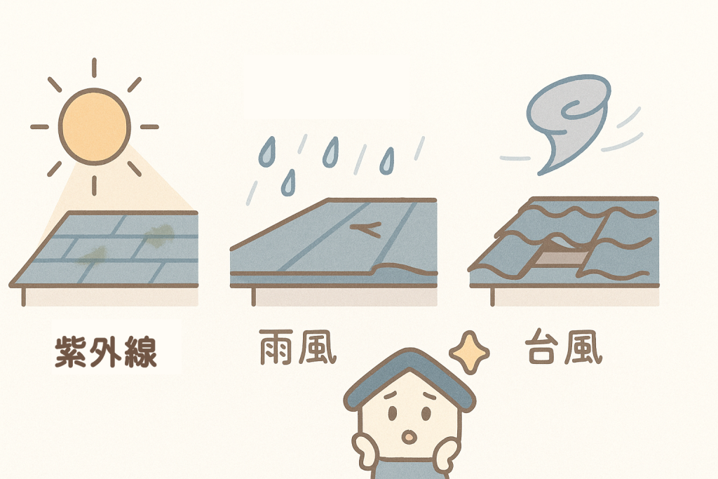 屋根が紫外線・雨風・台風などの自然環境にさらされて劣化していく様子を示したイラスト。3つの要因が分かりやすく並べられている。
