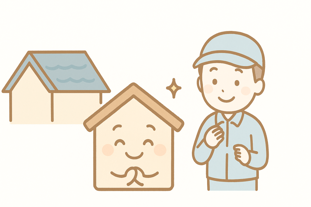 優良業者と家キャラクターが安心しているシーンのイラスト