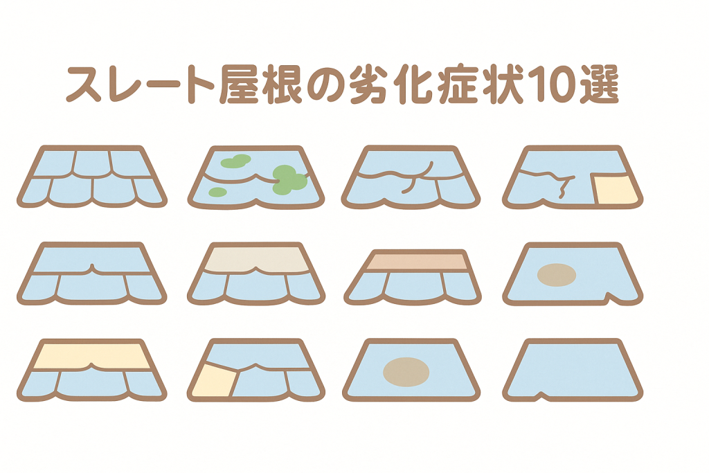スレート屋根の劣化症状10種類を並べた一覧イラスト