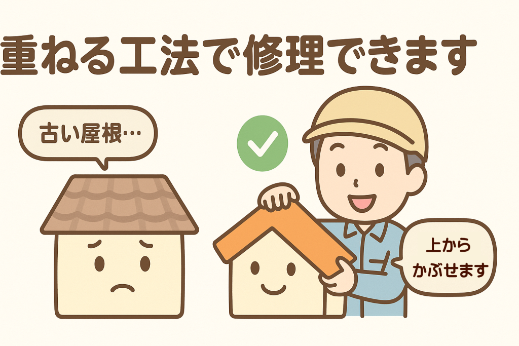 カバー工法を説明する屋根業者と安心する家のイラスト