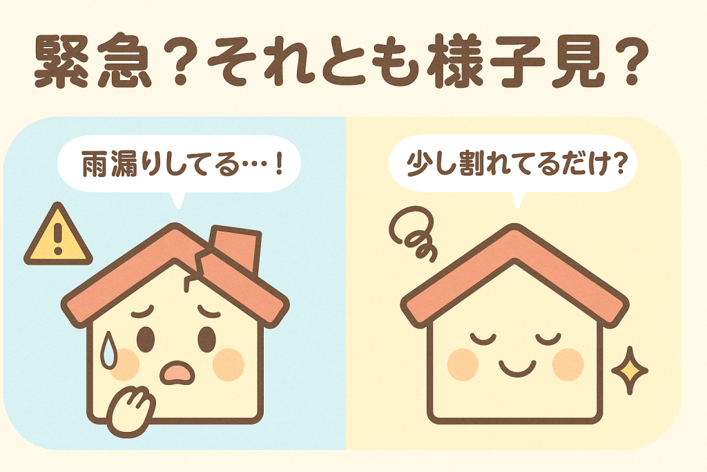 緊急修理が必要な屋根と様子見で良い状態を比較した家キャラクターのイラスト