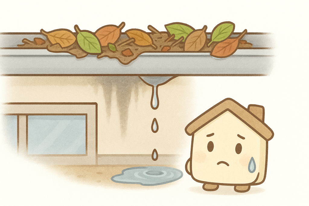 雨樋に落ち葉やゴミが詰まって水が流れない状態のイラスト