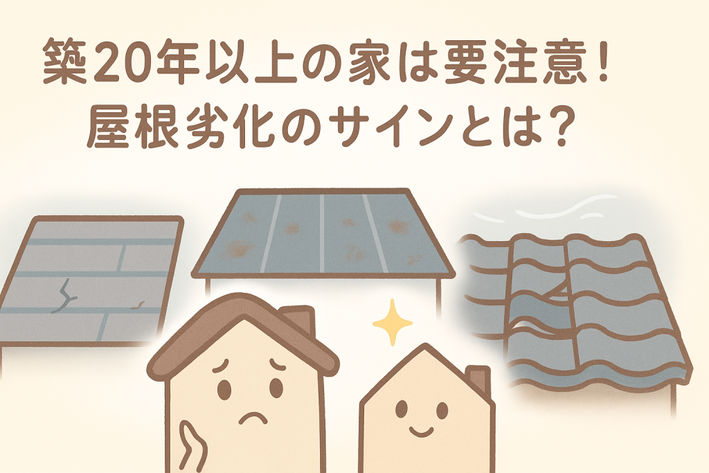 築20年以上の家で起こりやすい屋根劣化のサインを表したイラスト。スレート・金属・瓦の屋根が色あせやひび、ズレを見せ、家キャラクターが不安そうに見上げている。
