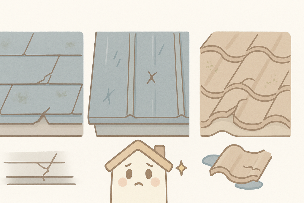 スレート・金属・瓦屋根のひび割れや欠けを比較したイラスト。材料ごとに異なる劣化の出方が分かるよう描かれている。
