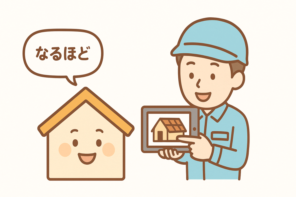屋根の点検写真を見ながら説明を受け納得する家キャラクターのイラスト