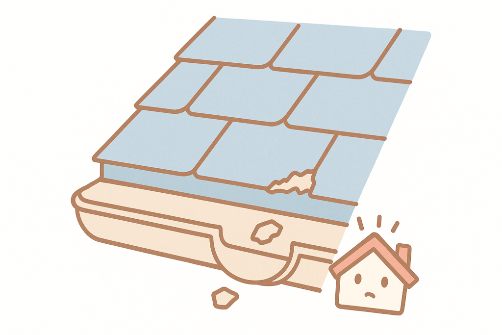スレート屋根が欠けて破片が樋に落ちている状態のイラスト