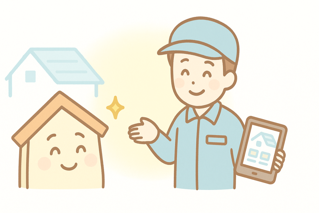 家キャラクターが安心して優良業者に相談できるイメージのイラスト