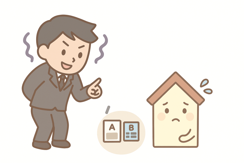 押し売り営業に距離をとる家キャラクターのイラスト