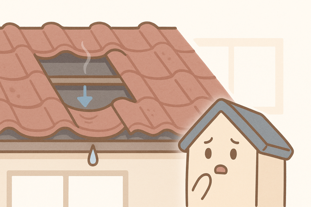 瓦がずれて隙間ができ、雨水が入り込む様子と、落下しそうな瓦を描いたイラスト。瓦のズレが雨漏りや落下事故につながる危険性を示している。
