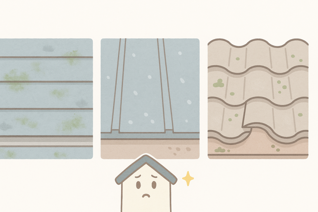 スレート・金属・瓦屋根に起こる色あせやコケ、カビの発生を比較したイラスト。素材ごとに異なる劣化の特徴が描かれている。
