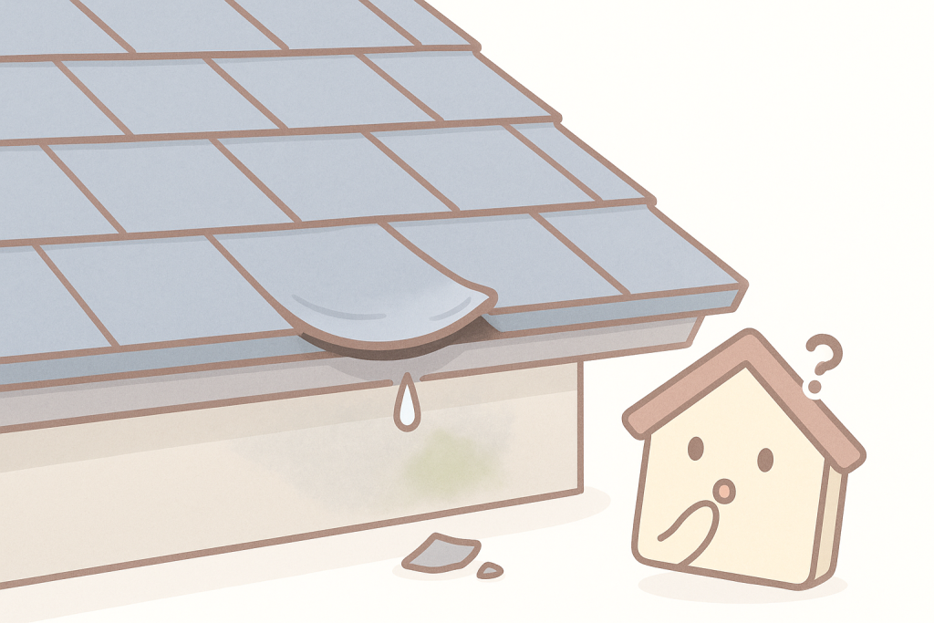 スレート屋根の端が反り上がって浮いている様子を分かりやすく描いた前兆イラスト