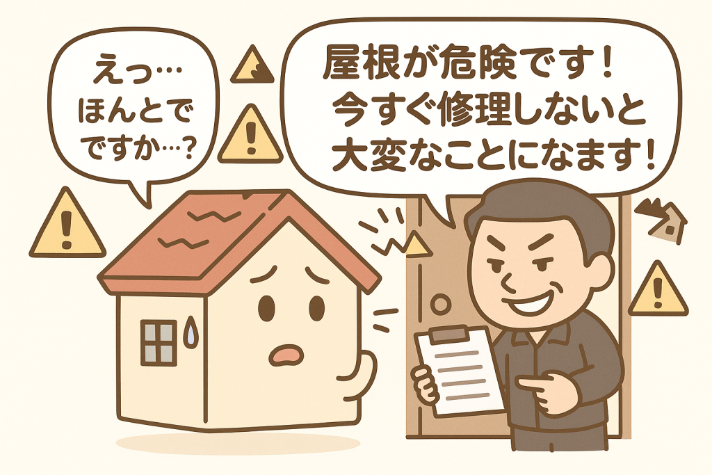 突然訪問して契約を急かす悪徳屋根業者と、不安そうな家キャラクターが描かれたイラスト。
