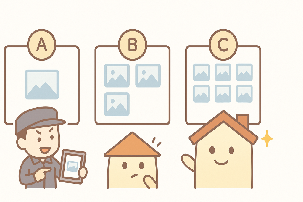 3社の見積書を比較し写真が多い業者を選ぶ家キャラクターのイラスト