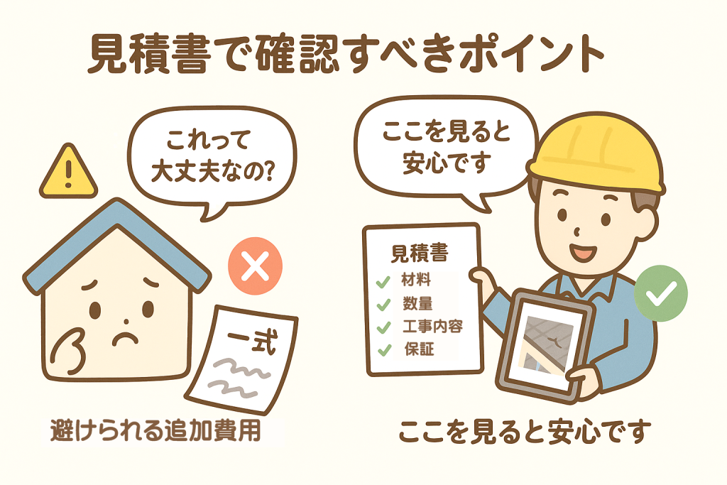 屋根工事見積書のチェックポイントを説明する業者と家キャラクターのイラスト