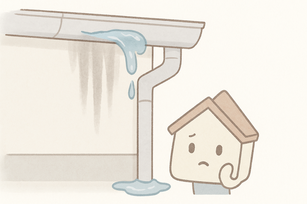 雨樋の詰まりで外壁に黒い雨だれ跡ができている様子のイラスト