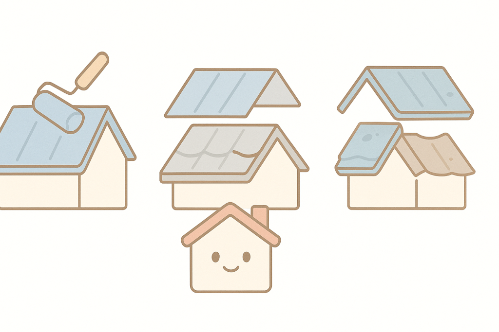 屋根塗装・カバー工法・葺き替えの違いが分かるイラスト