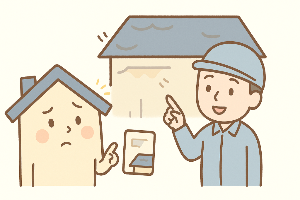 屋根の外観を一緒にチェックする家キャラクターと作業員のイラスト