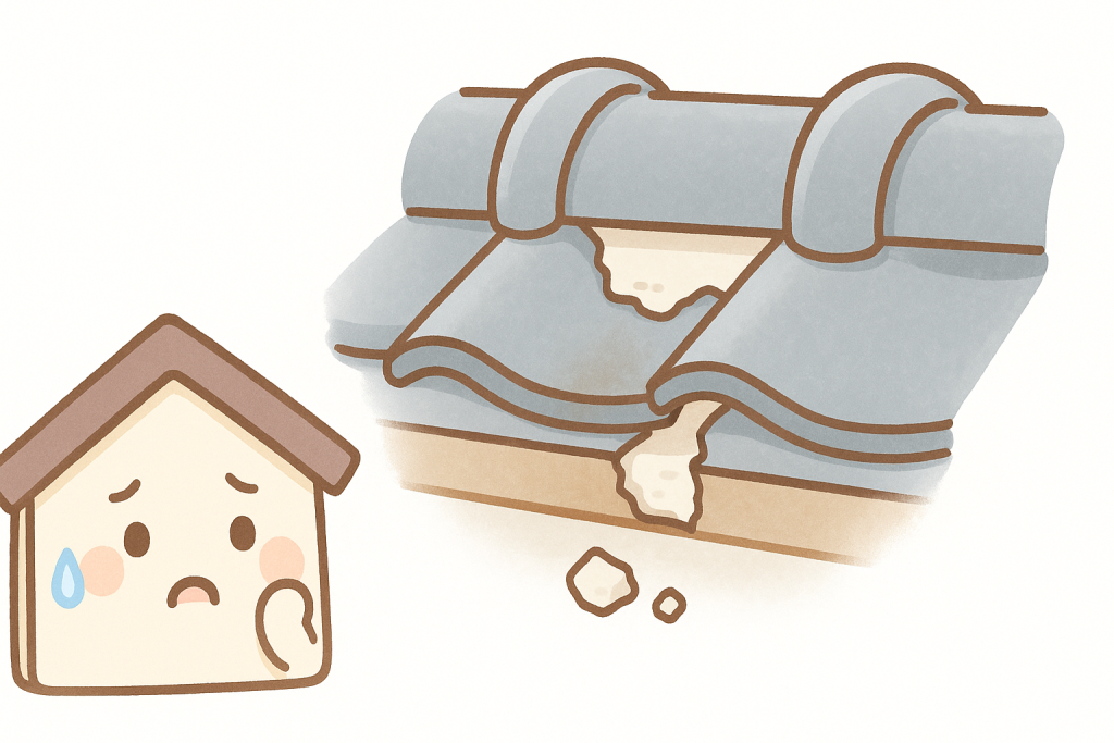 棟瓦の漆喰が剥がれて劣化している様子のイラスト