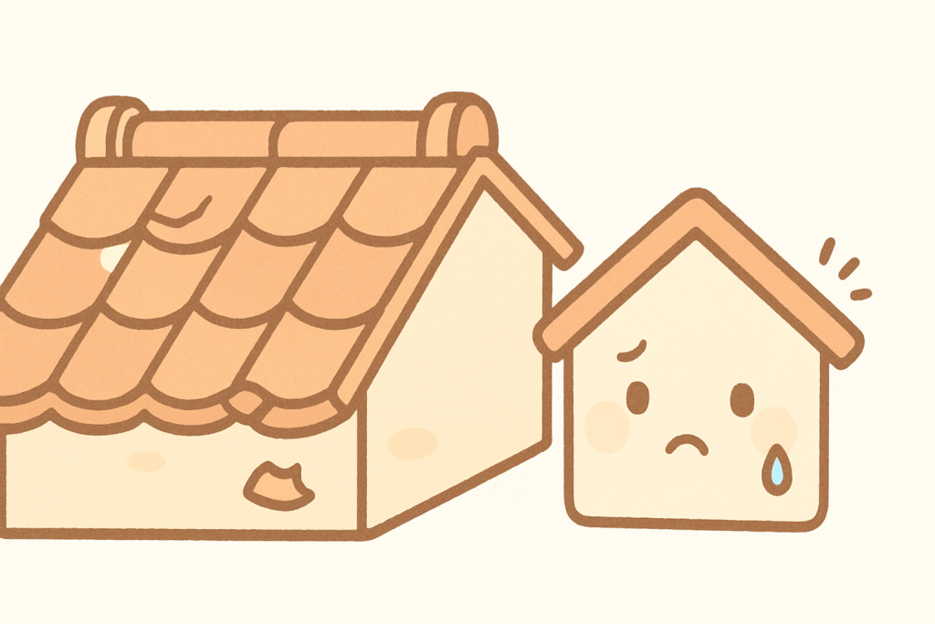 劣化した瓦屋根のイメージ（漆喰の剥がれ・棟のズレ・瓦の欠け）