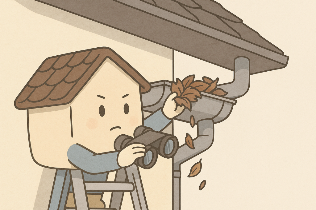 雨樋を双眼鏡で安全にチェックする京キャラのイラスト