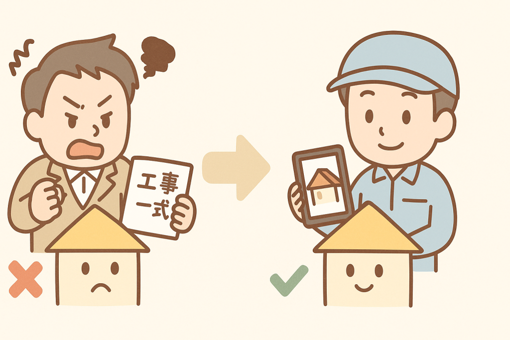 良心的な業者と悪徳業者の違いを比較するイラスト