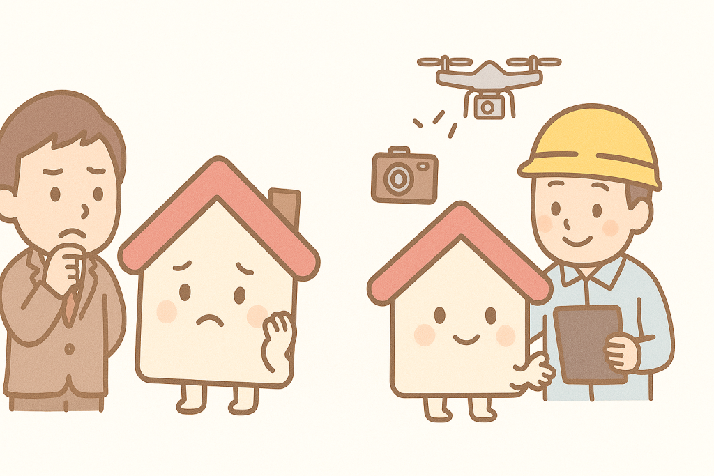 雨漏り調査で写真を撮らない悪い業者と、写真で根拠を示す良い業者の比較イラスト