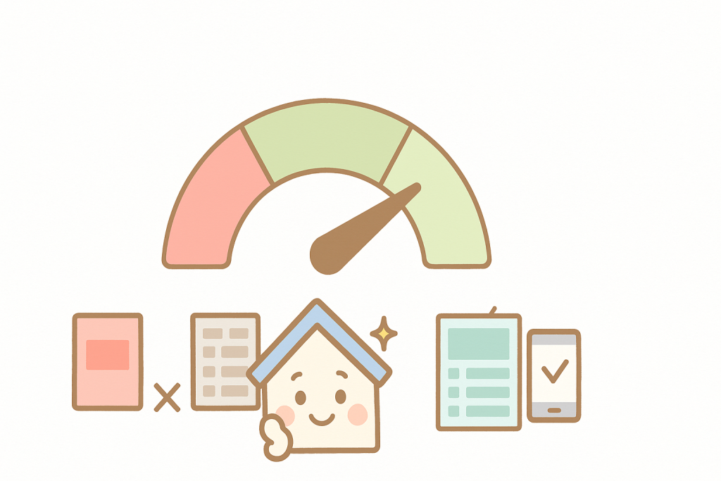 価格の適正ゾーンを示すメーターと安心する家キャラクターのイラスト