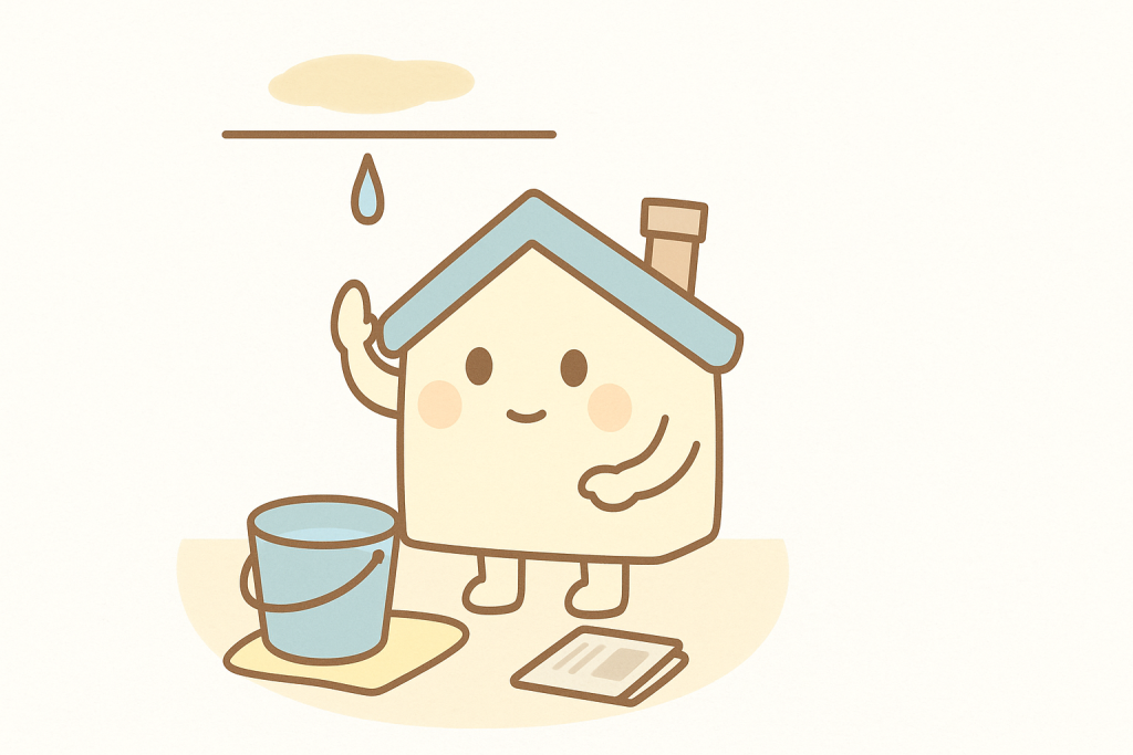 天井からの雨漏りをバケツで受け止めて応急処置している家キャラクターのイラスト