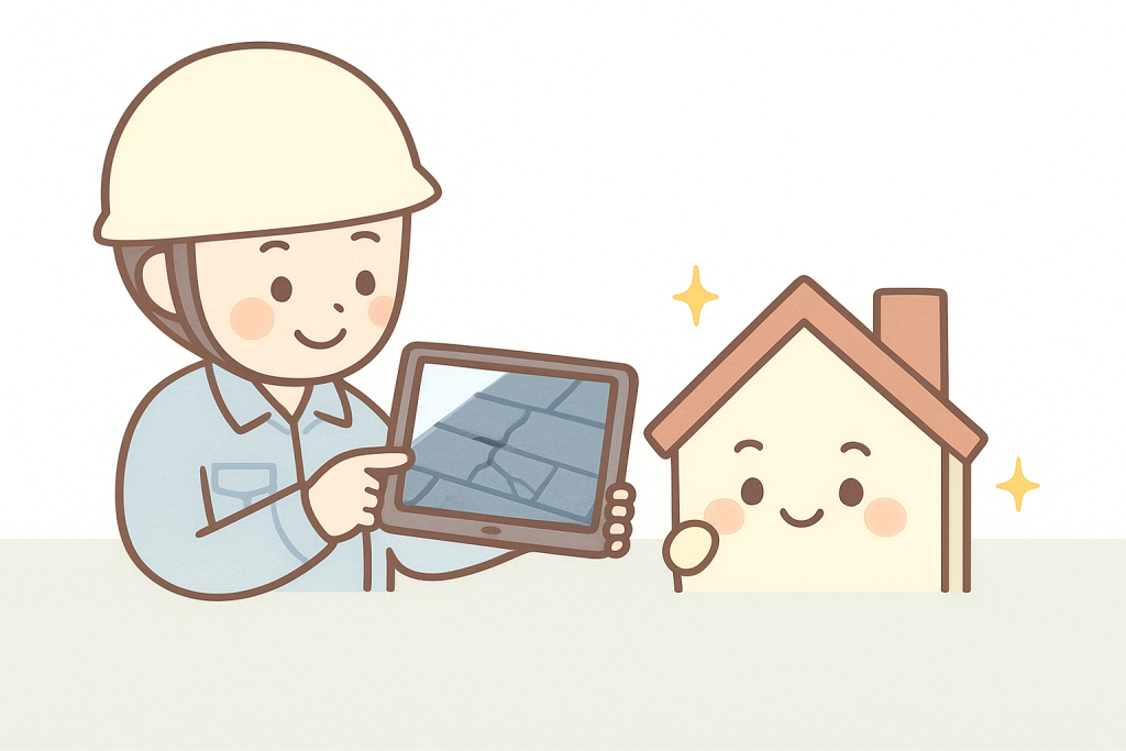 写真を使って丁寧に屋根の状態を説明する良い業者のイラスト